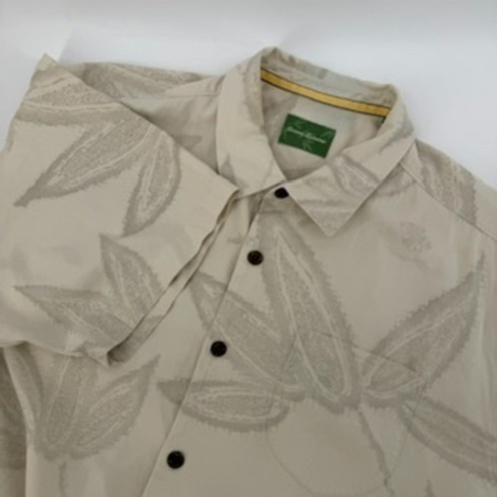 Tommy Bahama 100% Silk Shirt‎ Mens XL Leaf Print Button Down Short Sleeve Beige